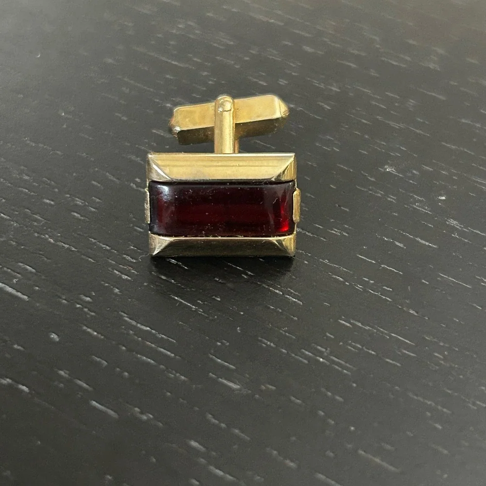 Swank Vintage Gold Tone Red Glass Stone Rectangular Cufflinks Mid Century Modern